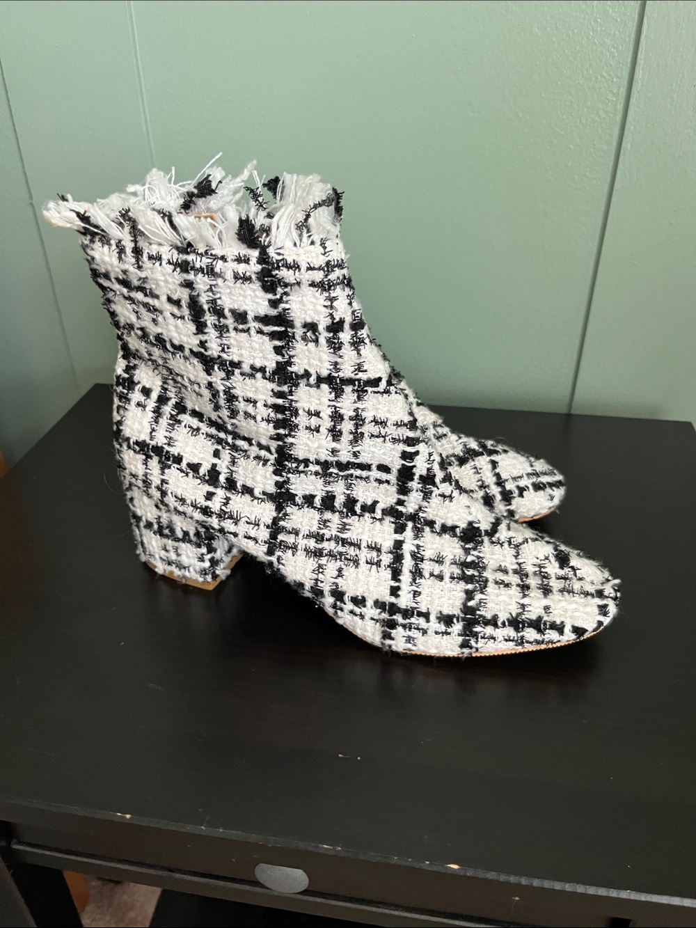 Tweed Fringe Ankle Boots - Black & White Sz9
